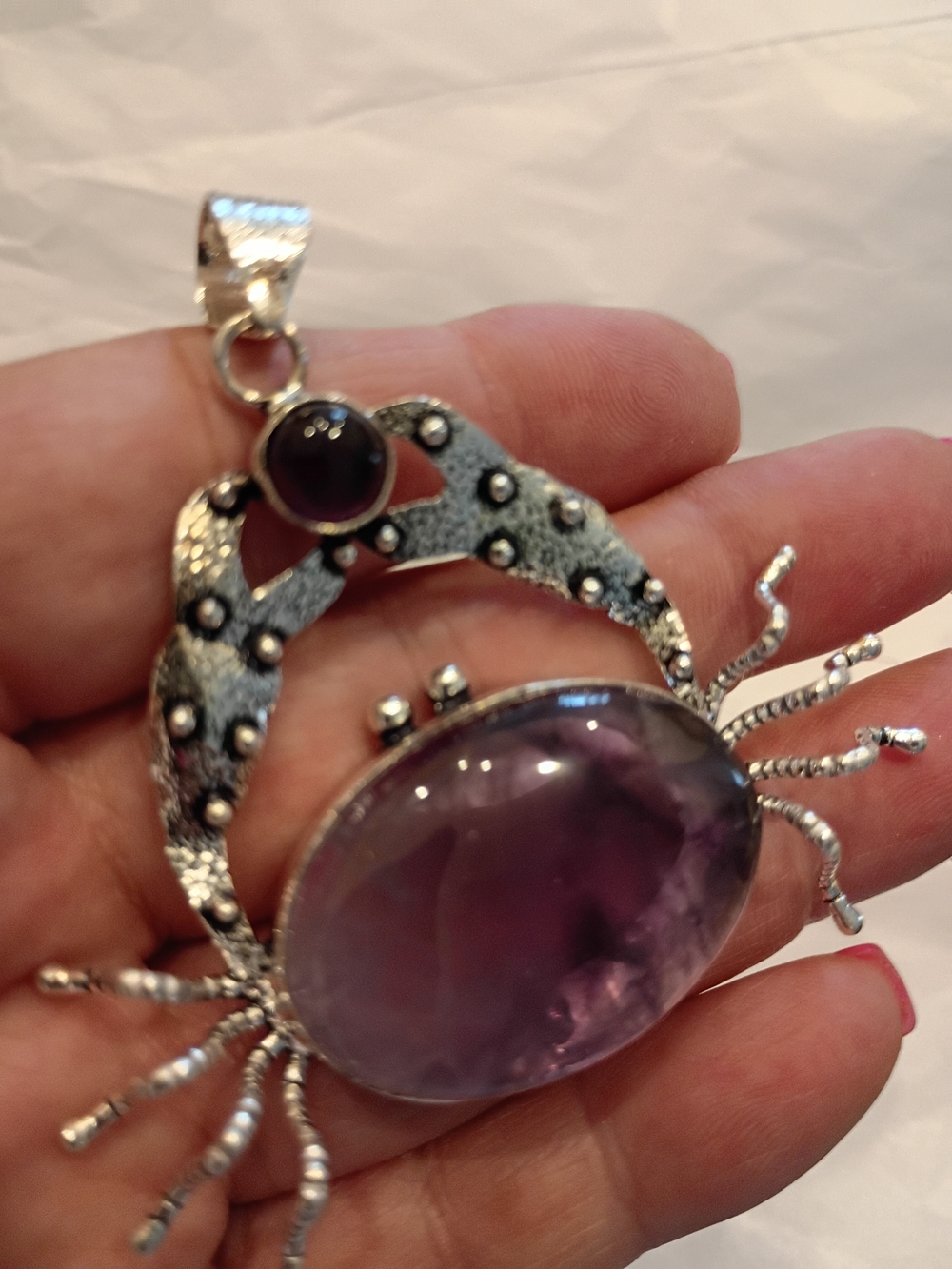 Large Silver Crab Amethyst Pendant with Purple Gemstone Beyond Unique & Cute! - Picture 3 of 7
